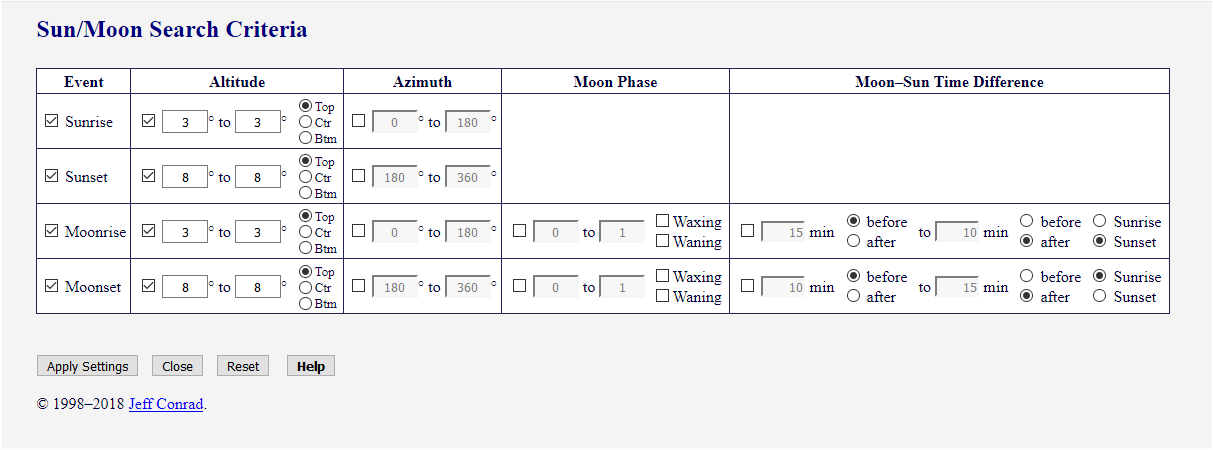 [Image: Sun/Moon Search Criteria form for Elevated Horizons]