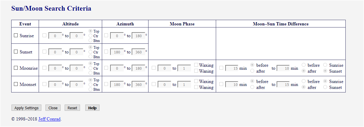 Sun/Moon Search Criteria Form