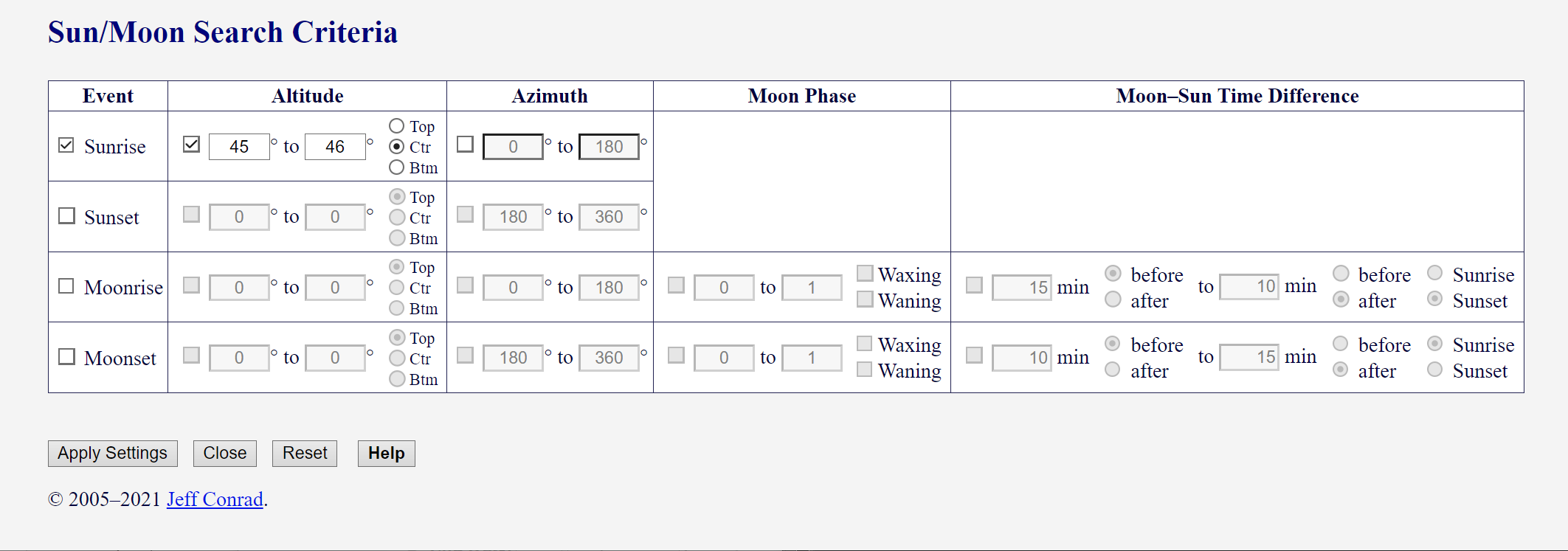 [Image: Sun/Moon Search Criteria for Sines Sun Altitude]