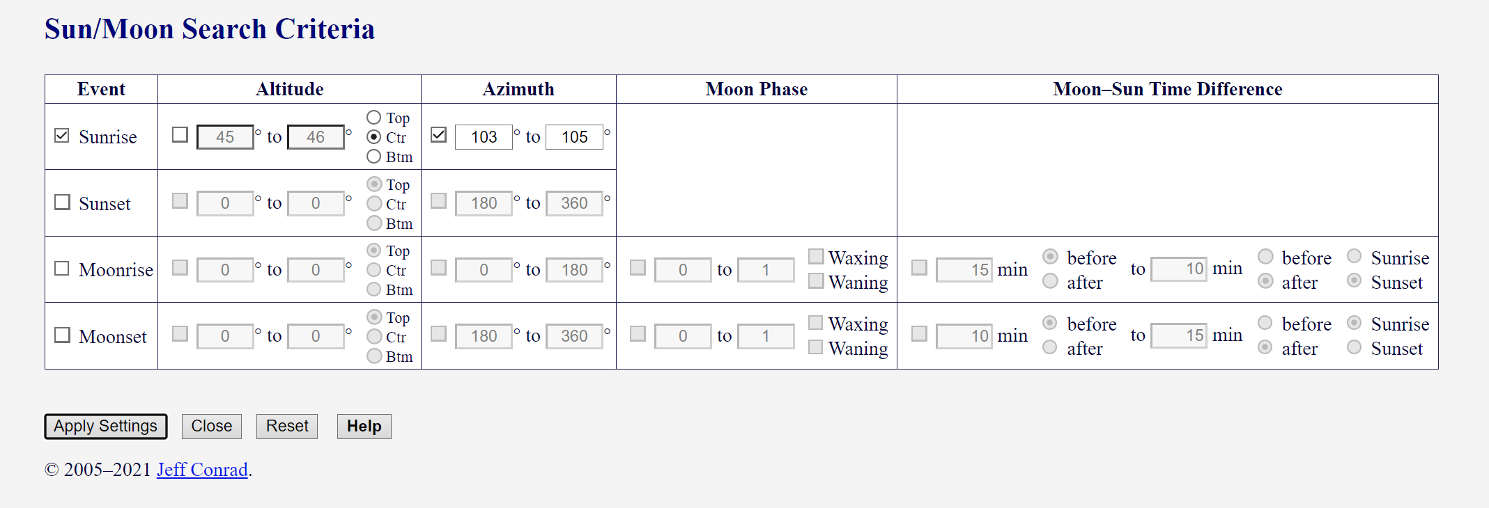 [Image: Sun/Moon Search Criteria for Sines Sun Azimuth]