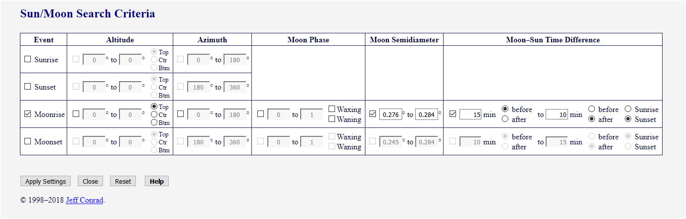 [Image: Sun/Moon Search Criteria form for “Supermoon” Rise near Sunset]