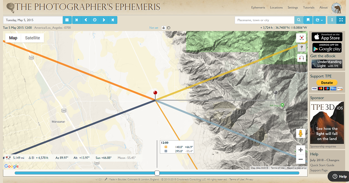 [Image: The Photographer's Ephemeris, Manzanar, CA, 5 May 2015]